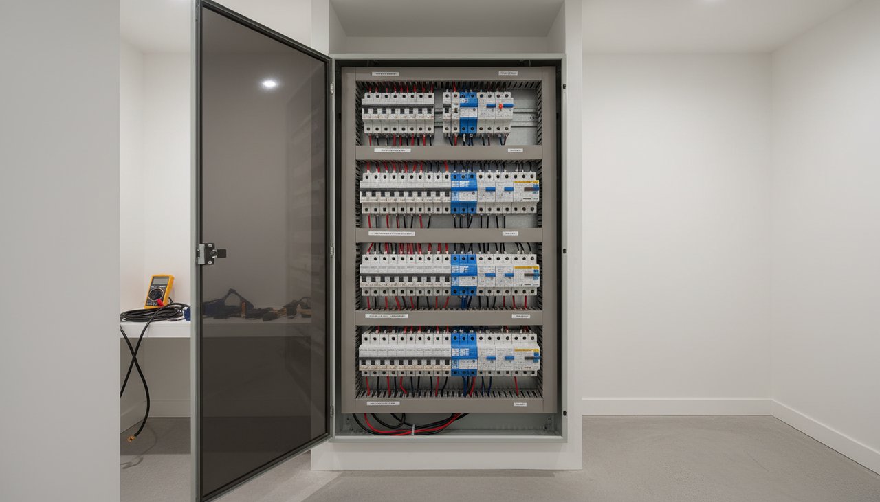 Tableau électrique moderne avec disjoncteurs différentiels dans une buanderie