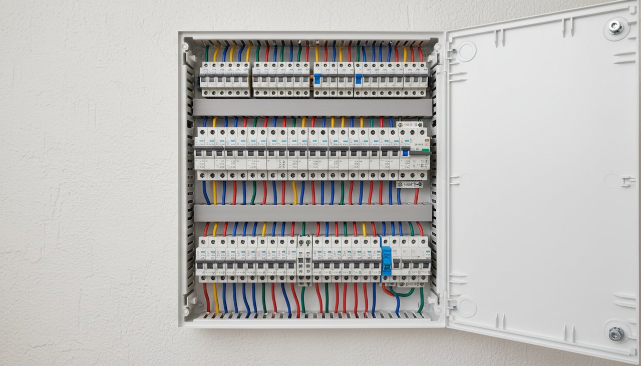 Tableau électrique moderne avec disjoncteurs différentiels en rénovation