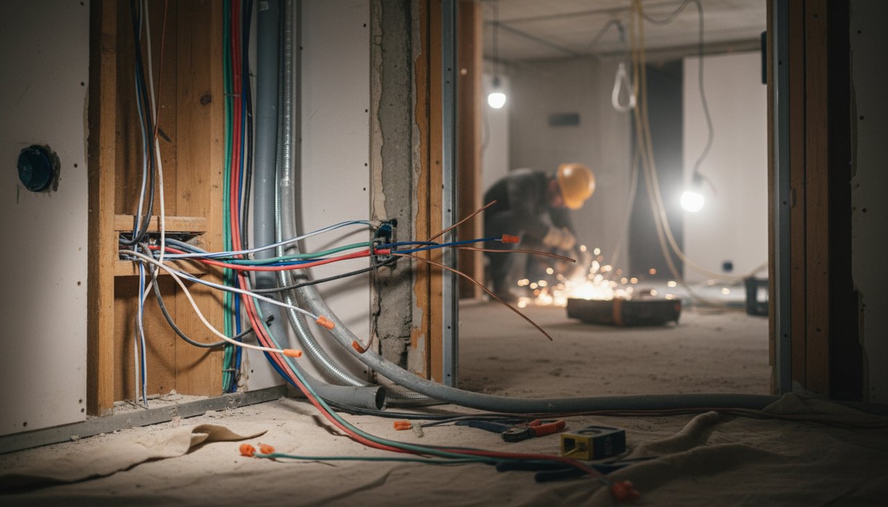 Câblage électrique en cours dans une maison en rénovation, fils et gaines apparents
