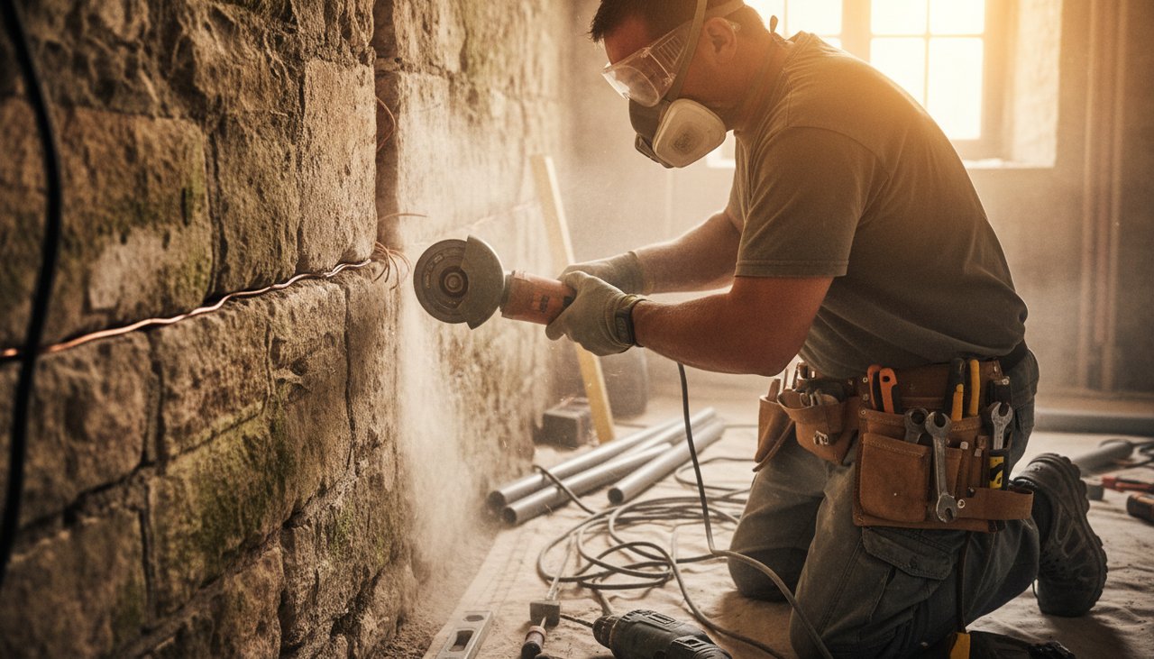 Saignée dans un mur ancien pour faire passer des gaines électriques lors d'une rénovation