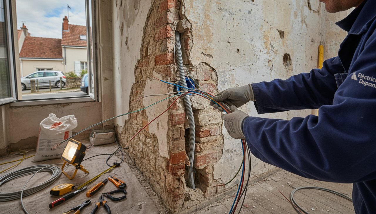 Électricien tirant des câbles dans une gaine technique lors d'une rénovation