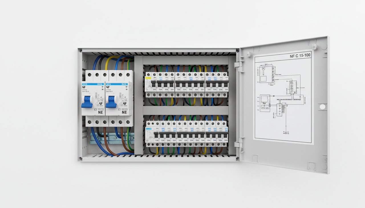 Tableau électrique moderne aux normes NF C 15-100 avec disjoncteurs et différentiels