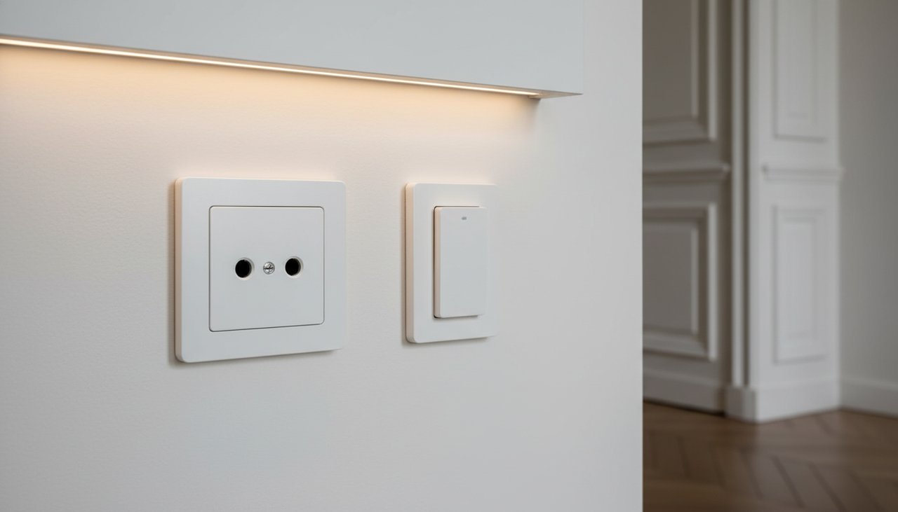 Prise électrique et interrupteur design posés sur mur blanc dans un intérieur rénové