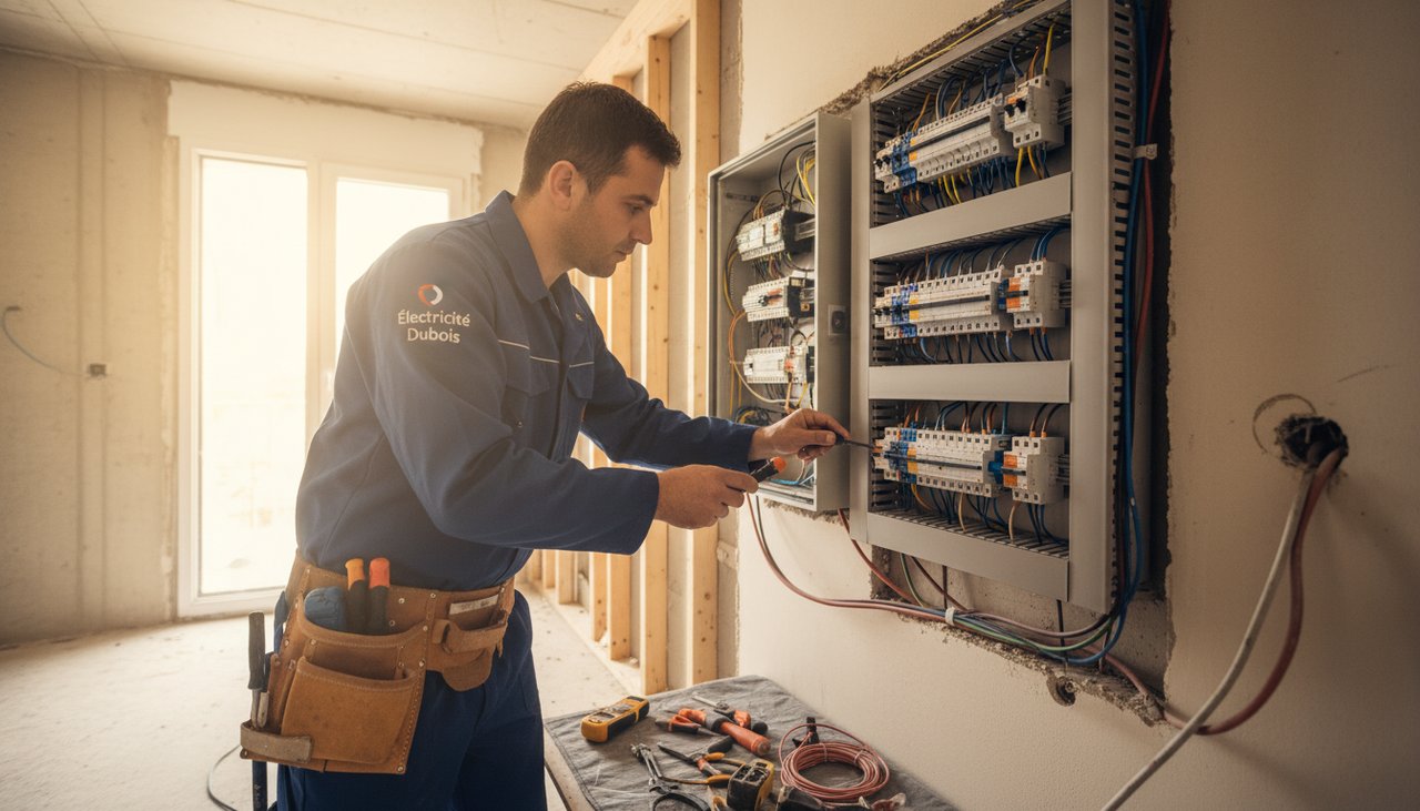 Électricien professionnel installant un tableau électrique dans une maison en rénovation