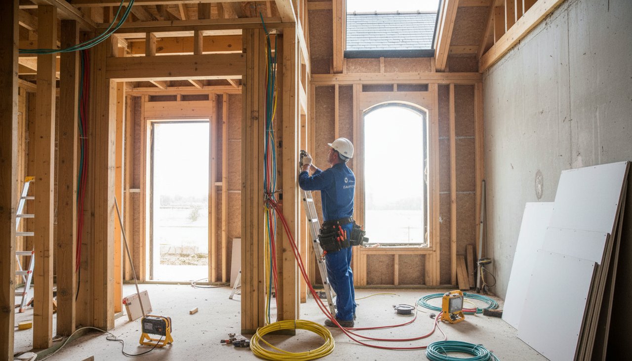 Électricien professionnel installant un tableau électrique dans une maison neuve
