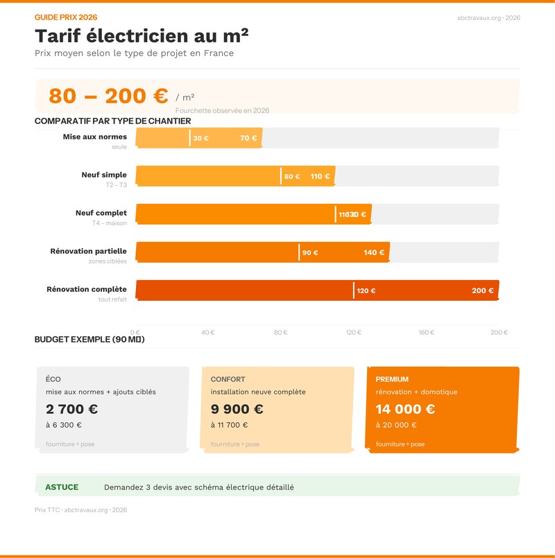 Infographie comparative : prix électricien au m² selon le type de chantier
