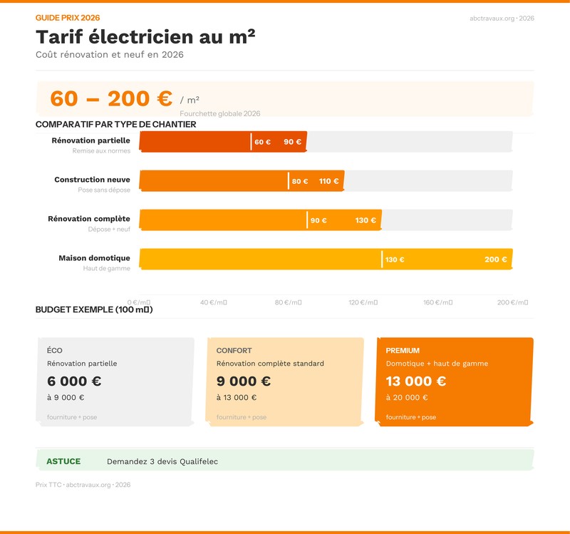 Infographie comparative des tarifs électricien par type de chantier en 2026