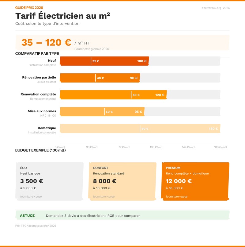 Infographie : tarif électricien au m² comparatif 2026