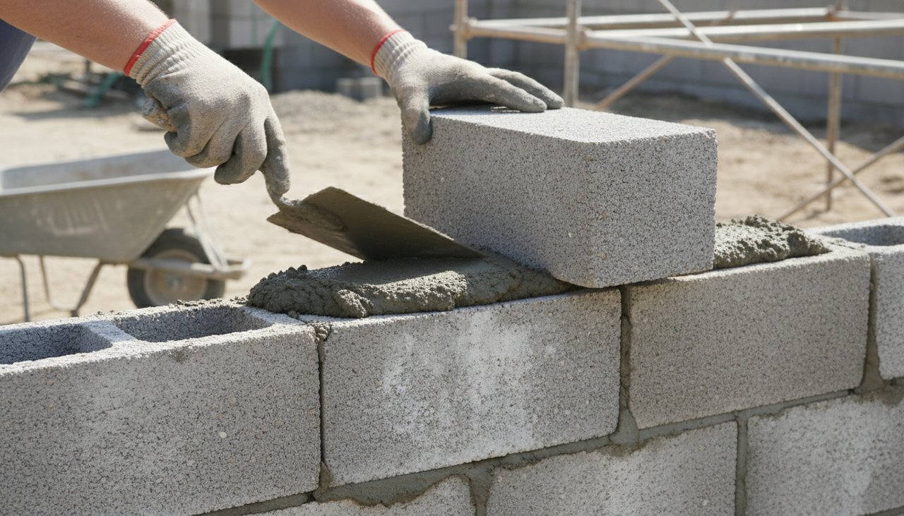 Élévation de mur en parpaing par un maçon avec truelle et mortier