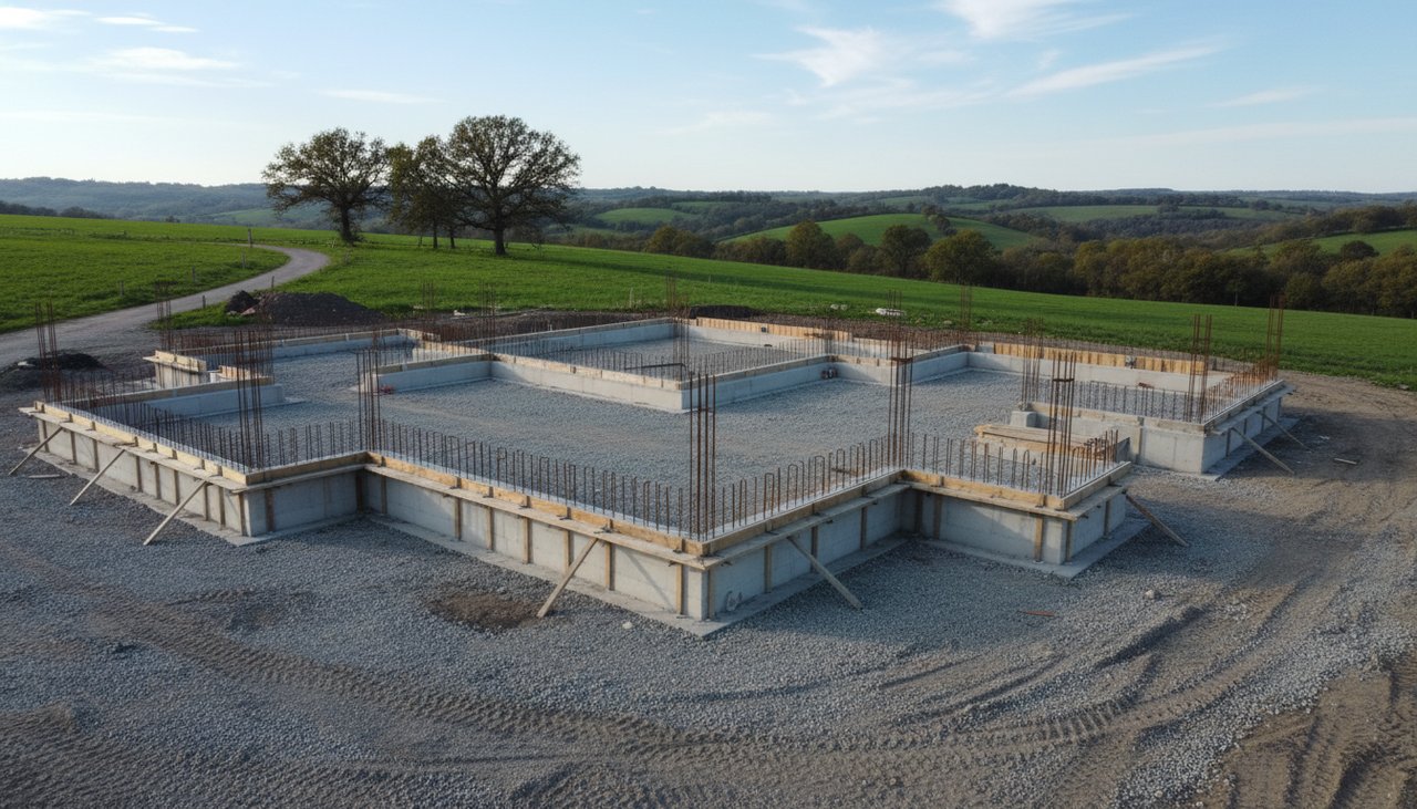 Fondations en béton armé d'une maison neuve avec ferraillage apparent
