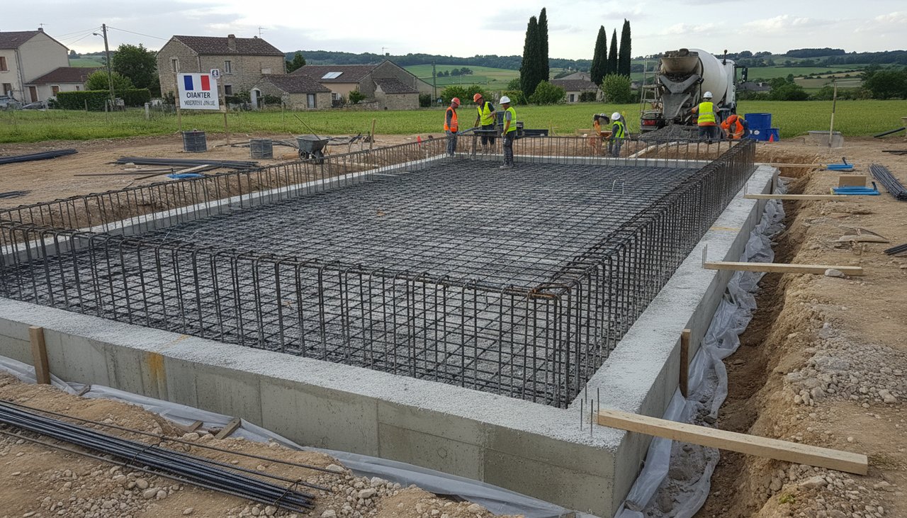 Fondations en béton armé coulées pour une maison individuelle, ferraillage visible