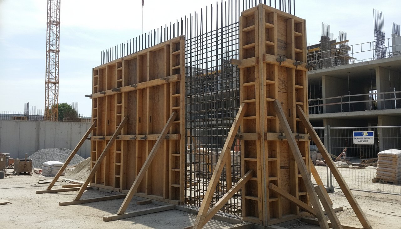 Maçon préparant un coffrage en bois pour un mur en béton armé sur un chantier