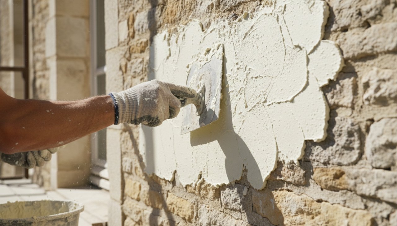Artisan maçon appliquant de l'enduit sur une façade extérieure en rénovation