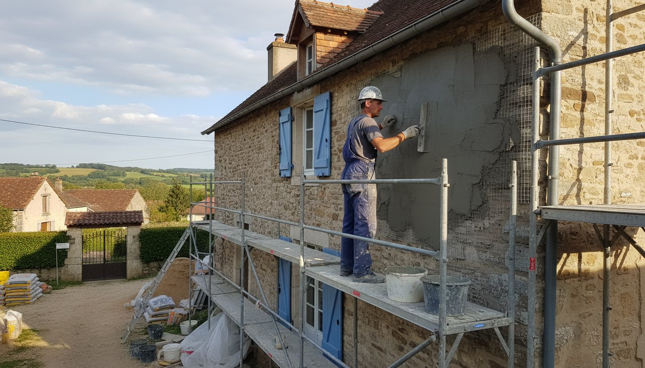 Maçon appliquant un enduit de façade sur une maison en rénovation, échafaudage visible