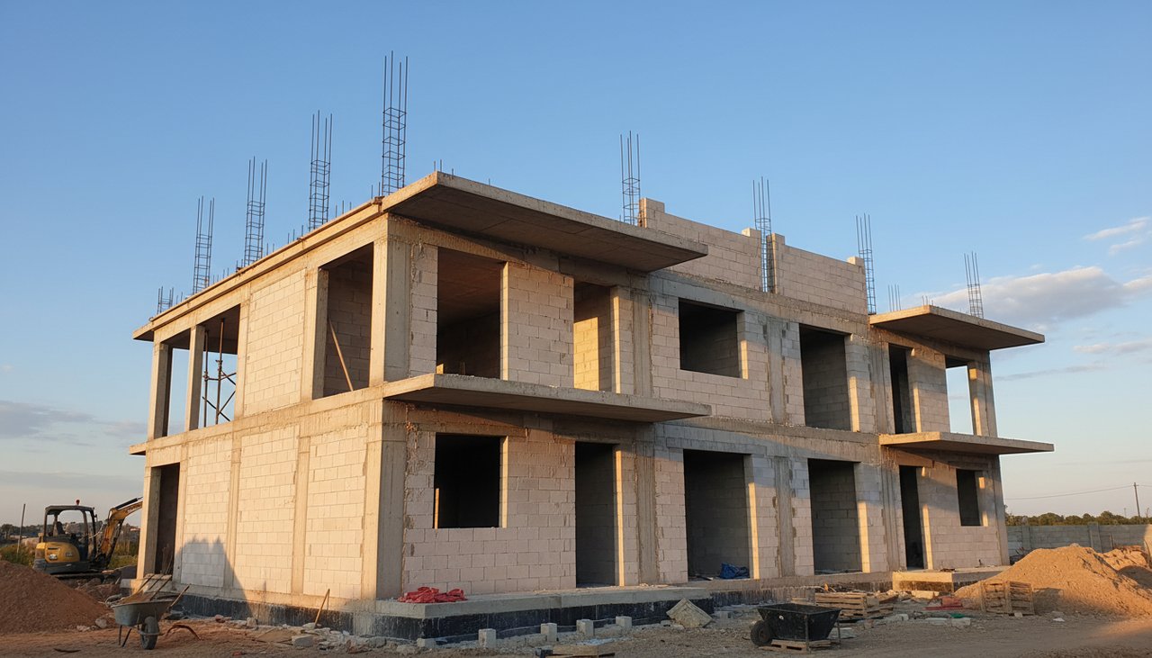 Maison neuve en cours de construction, murs en parpaings et chaînage béton armé