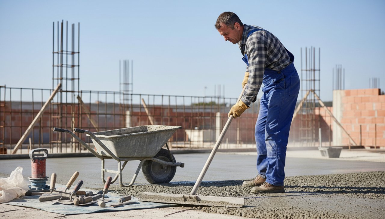 Maçon professionnel coulant une dalle en béton sur un chantier de construction en France