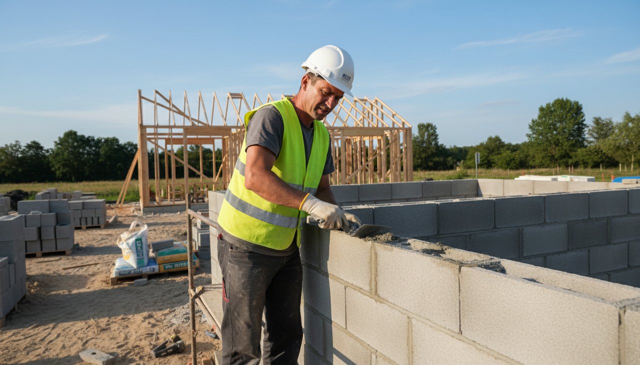 Maçon professionnel montant un mur en parpaing sur un chantier de construction de maison