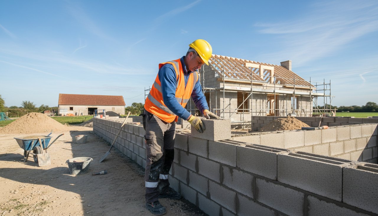 Maçon professionnel construisant un mur en parpaings sur un chantier de maison