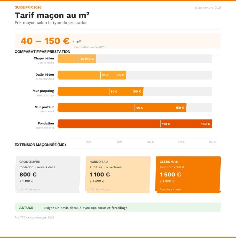 Infographie comparative : prix d'un maçon au m² selon la prestation