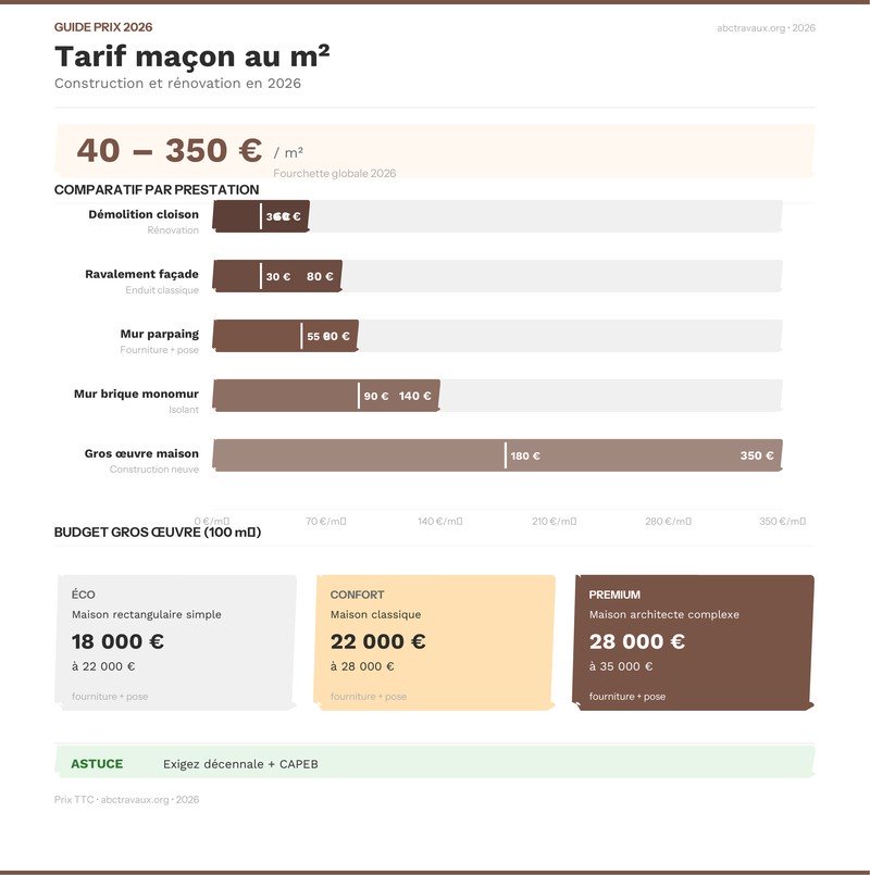 Infographie comparative des tarifs maçon par type de prestation en 2026