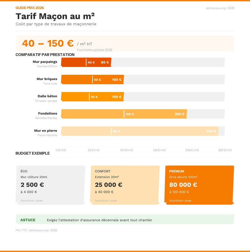 Infographie : tarif maçon au m² comparatif par type de travaux 2026