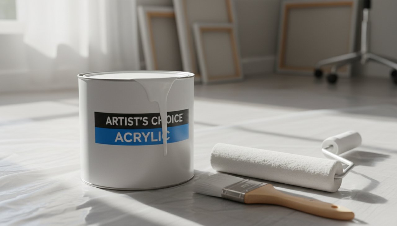 Gros plan sur un pot de peinture acrylique blanche ouvert à côté d'un pinceau et d'un rouleau sur une bâche de protection