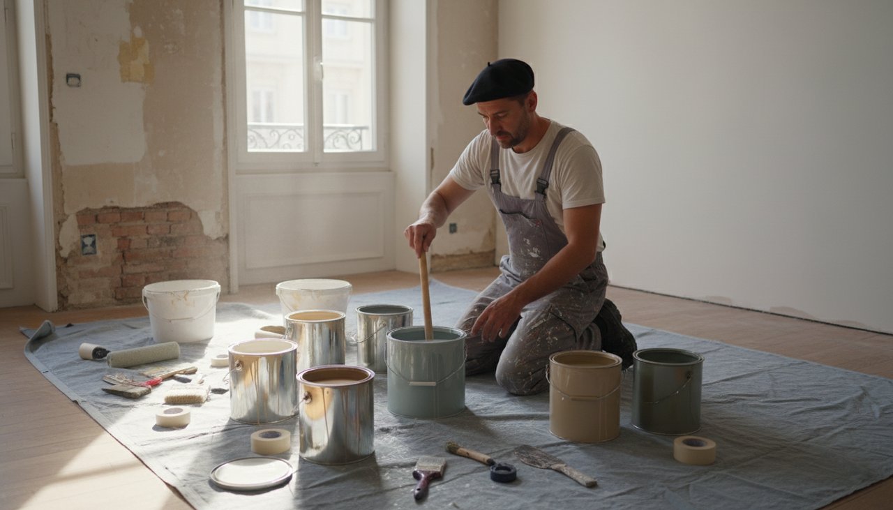 Artisan peintre préparant des pots de peinture de différentes couleurs sur une table dans un appartement en rénovation
