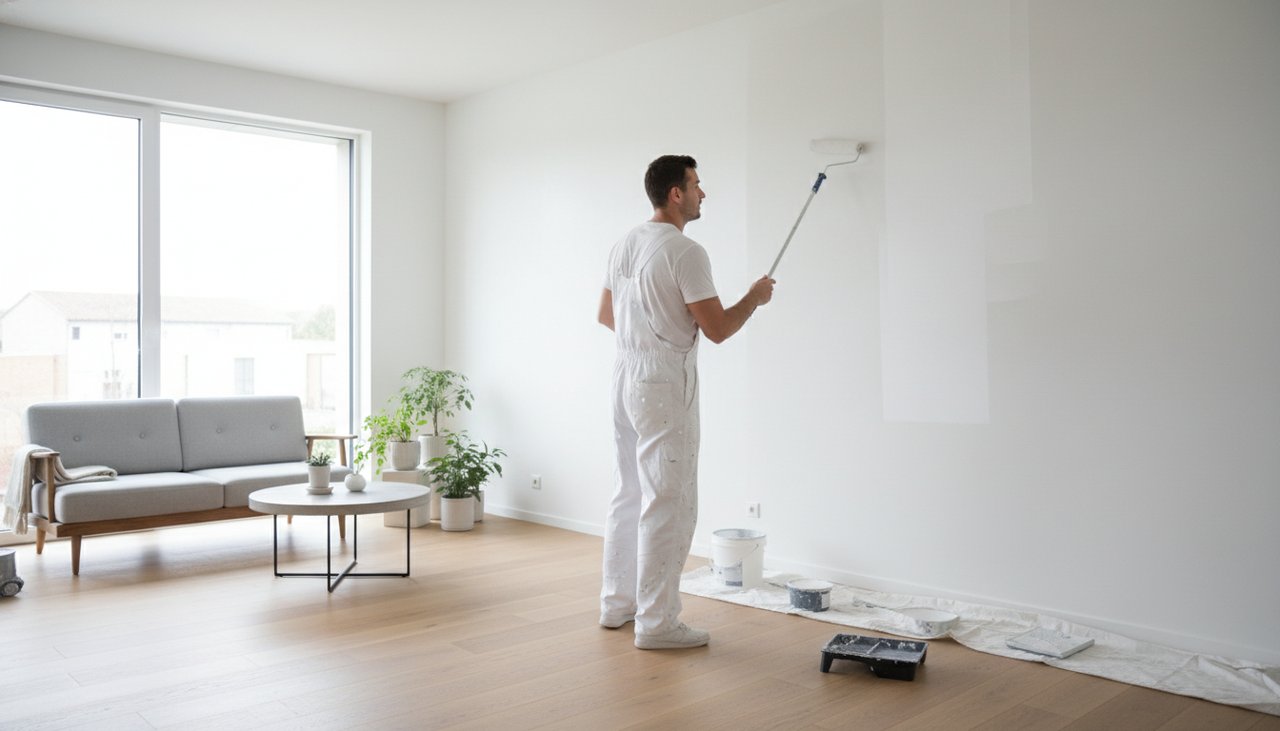 Peintre professionnel appliquant une peinture acrylique au rouleau sur un mur blanc dans une pièce lumineuse