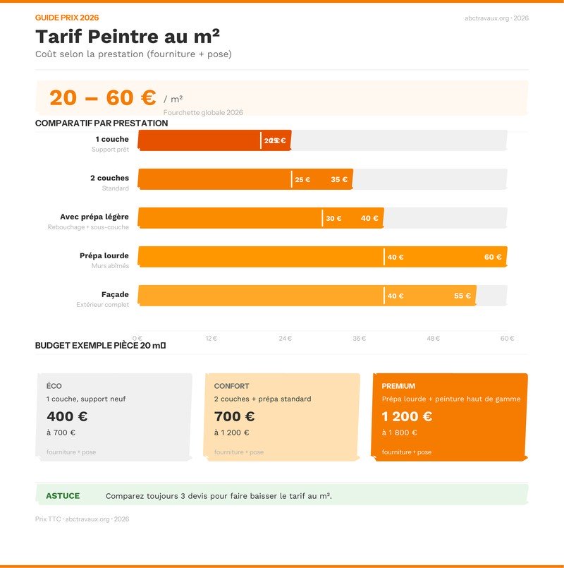 Infographie comparant les prix d'un peintre au m² selon le type de prestation en 2026