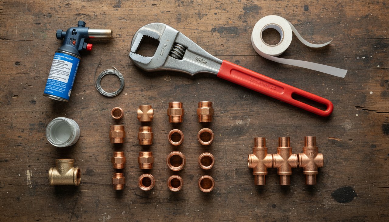 Outils de plomberie professionnels disposés sur un plan de travail : clé à molette, joints, téflon