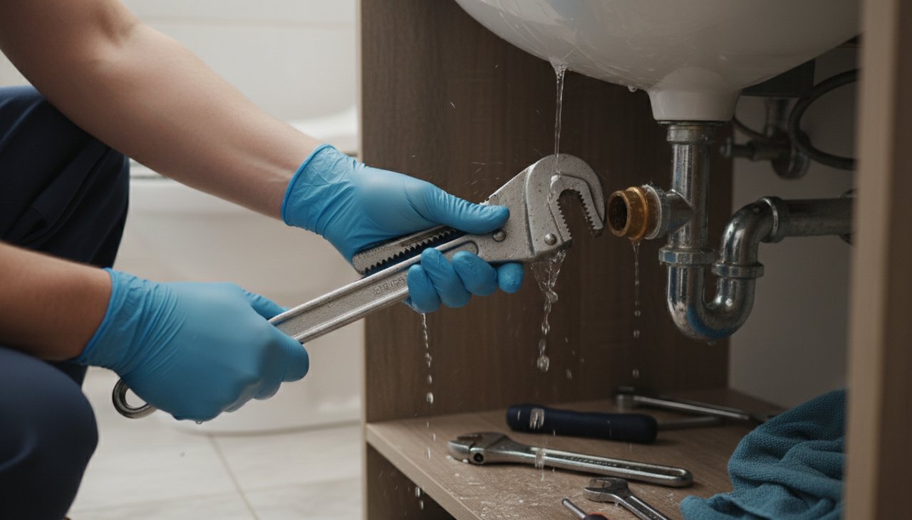 Plombier réparant une fuite sous un lavabo de salle de bain avec une clé à pipe