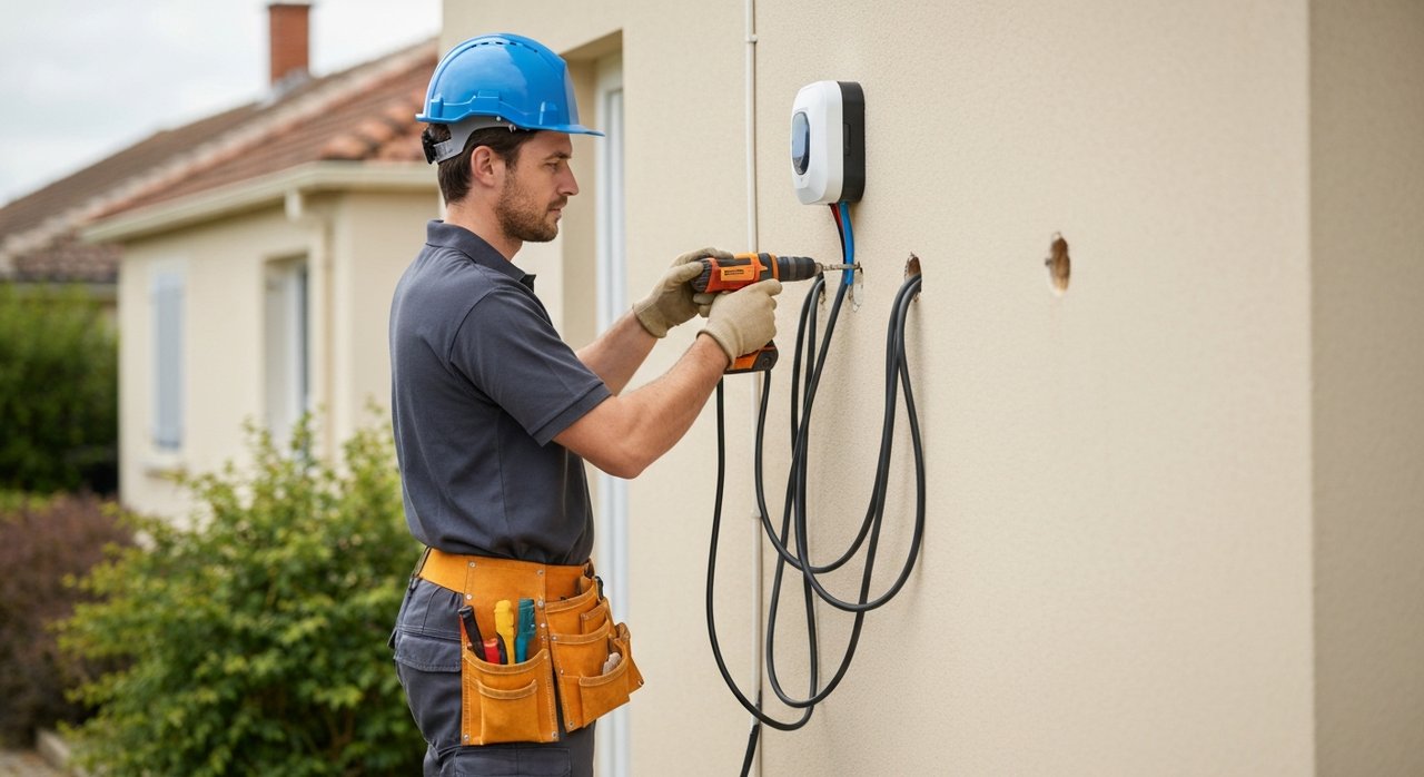 Electricien IRVE qualifie installant une wallbox de recharge VE sur un mur de maison