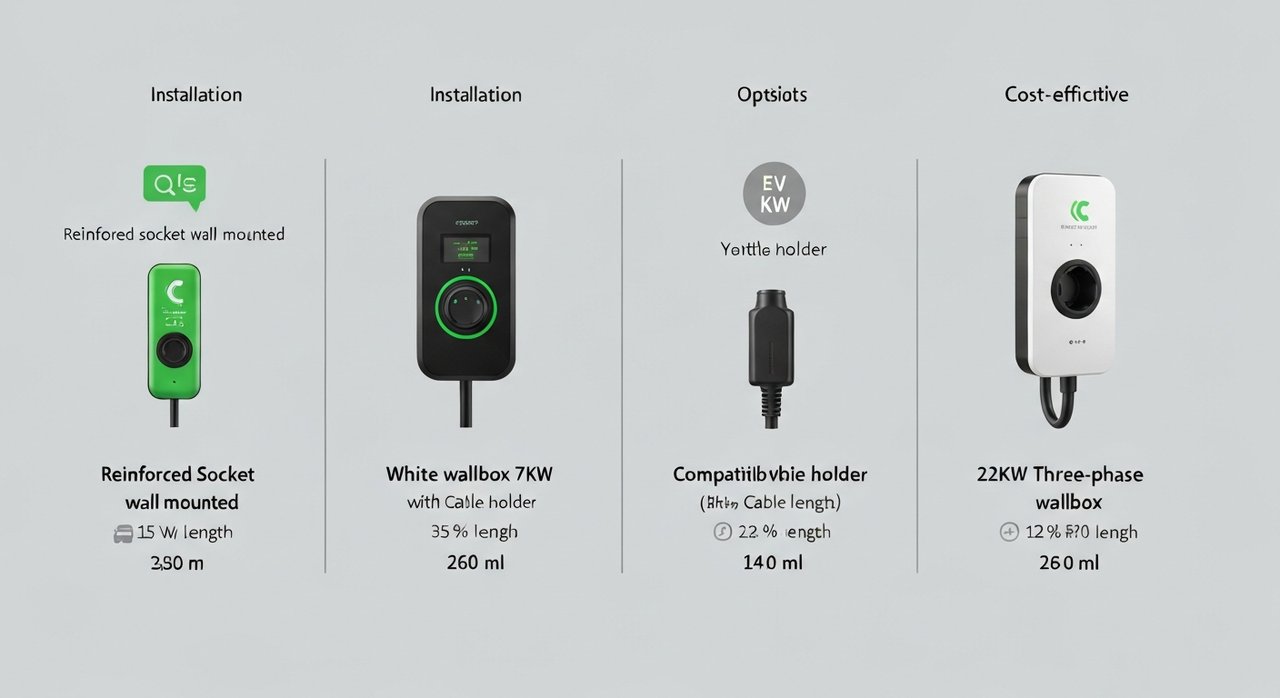 Comparatif visuel des 3 types de bornes de recharge residentielles : prise Green'up, wallbox 7,4 kW, borne 22 kW triphasee