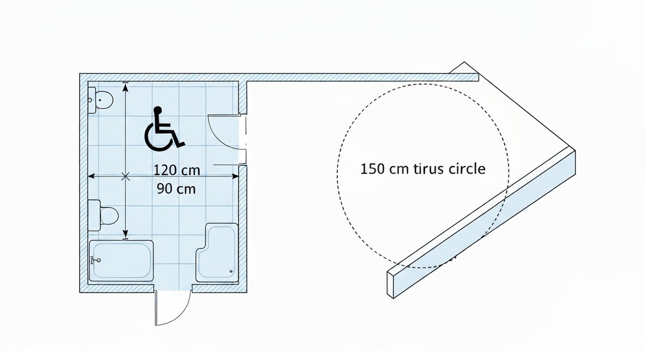 Plan technique d'une douche italienne PMR aux dimensions normes NF P 99-611