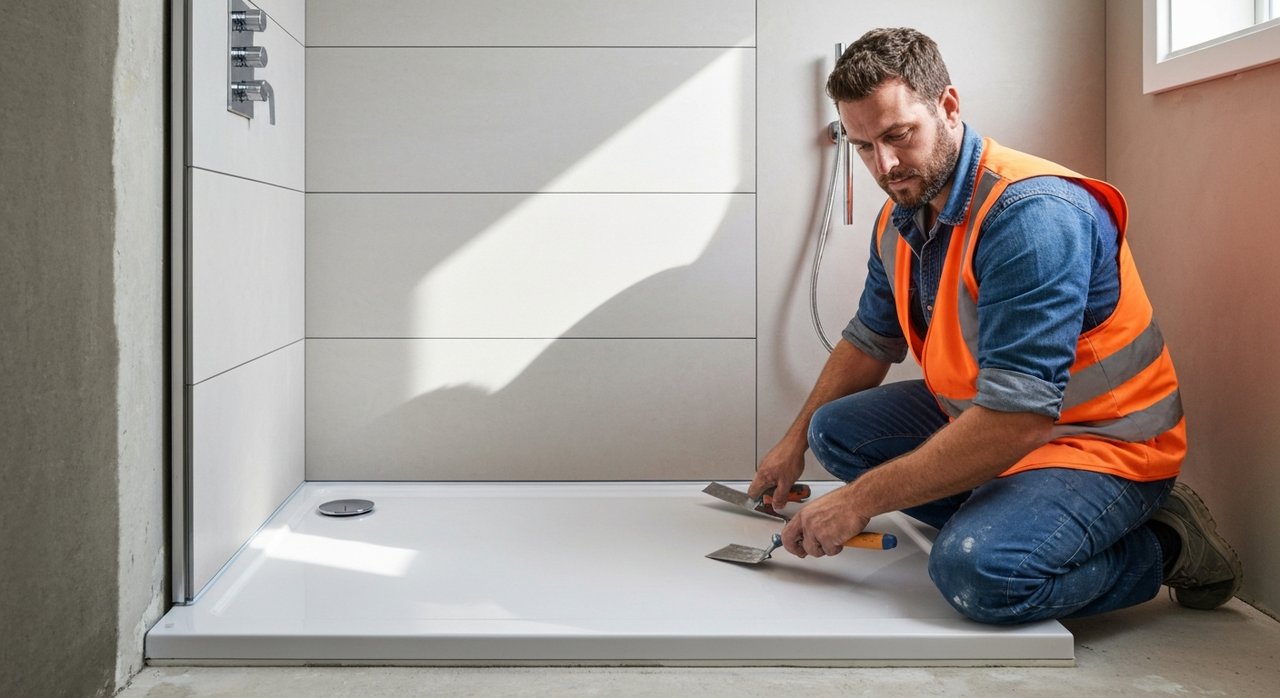 Phases d'un chantier de douche italienne PMR : depose, etancheite, carrelage antiderapant et pose des equipements