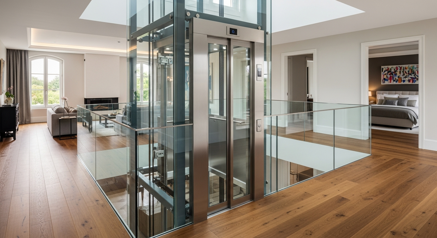 Ascenseur privatif moderne installé dans une maison individuelle avec gaine vitrée