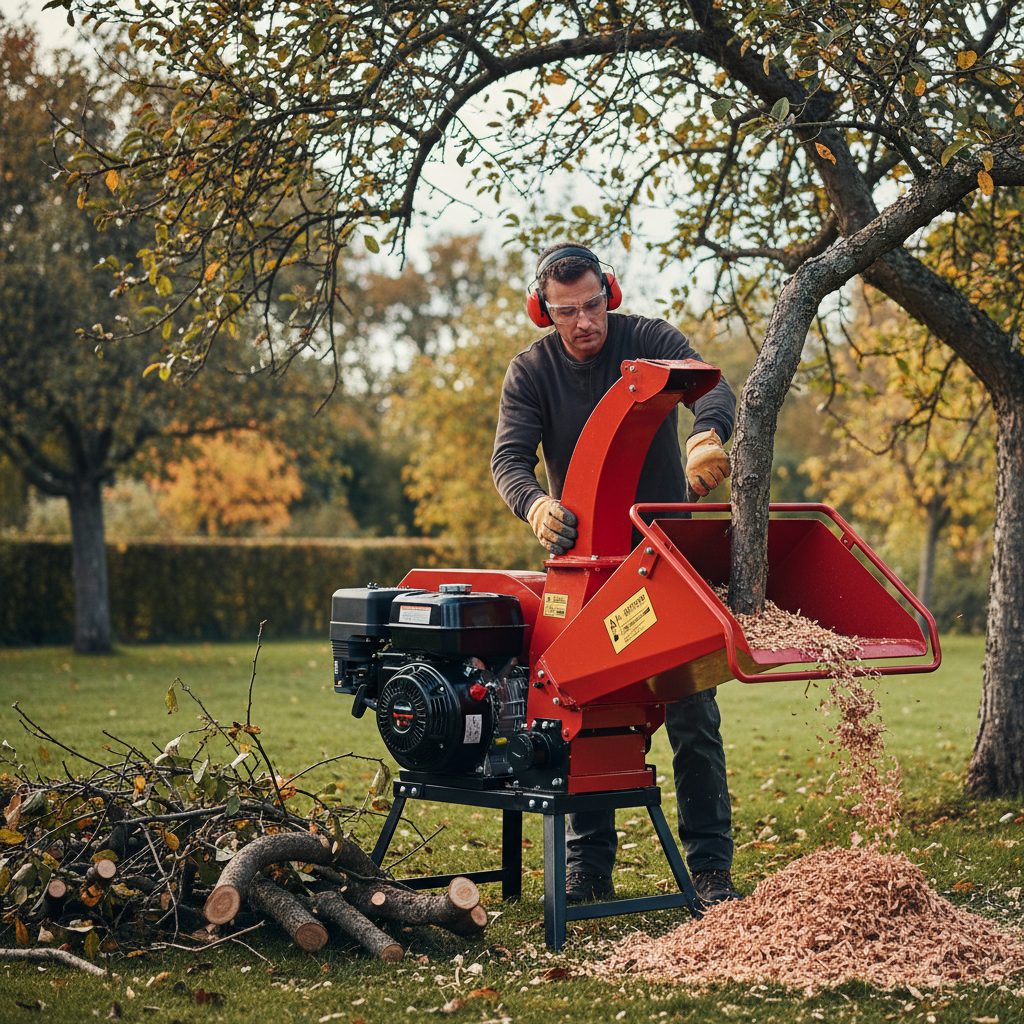 Broyeur de branches semi-professionnel rouge en action dans un jardin arboré