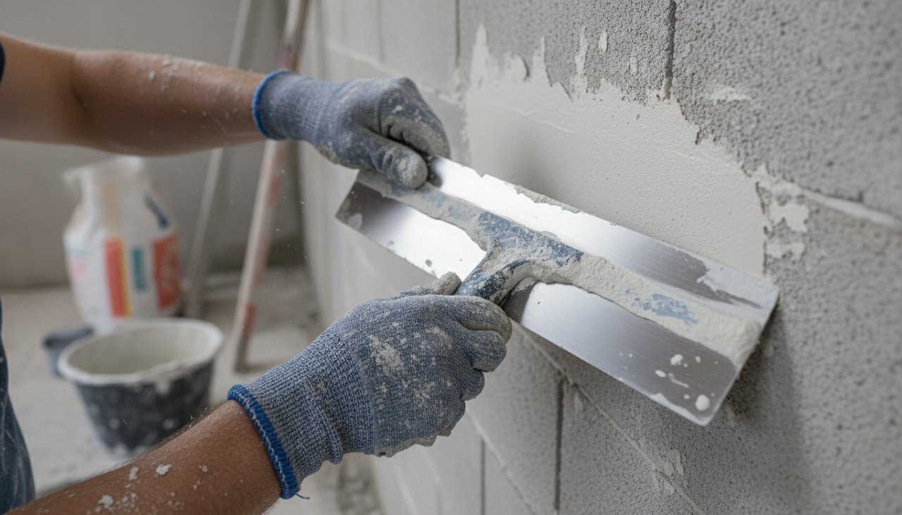 Application d'enduit sur mur avec un large couteau à enduire