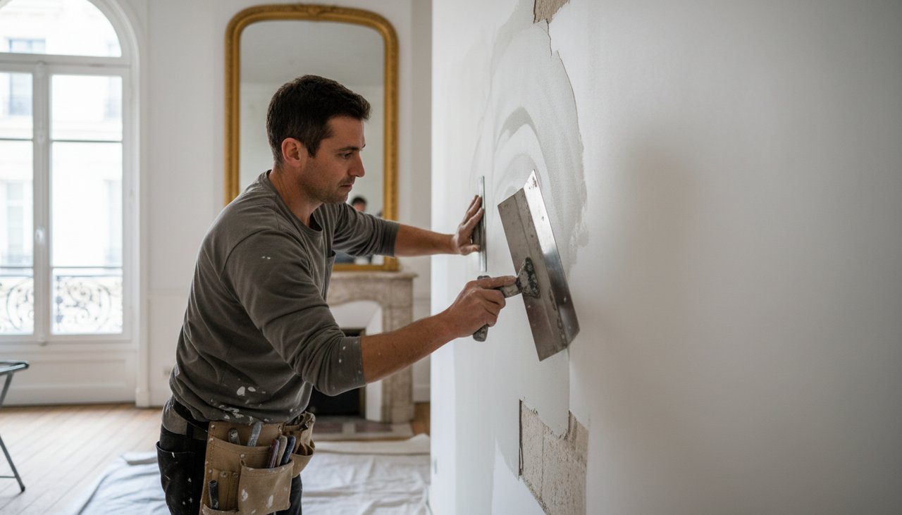 Artisan appliquant un enduit lisse sur un mur intérieur avec une lisseuse