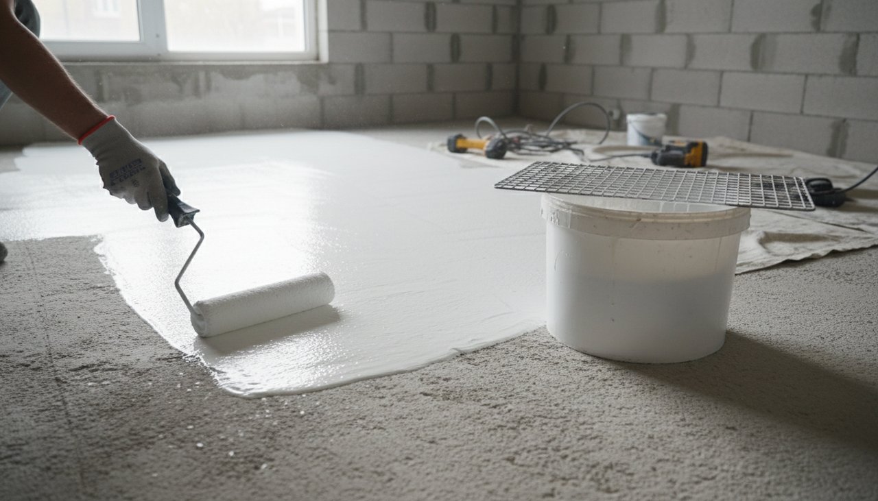 Application au rouleau d'un primaire d'accrochage acrylique blanc sur un sol béton avant ragréage