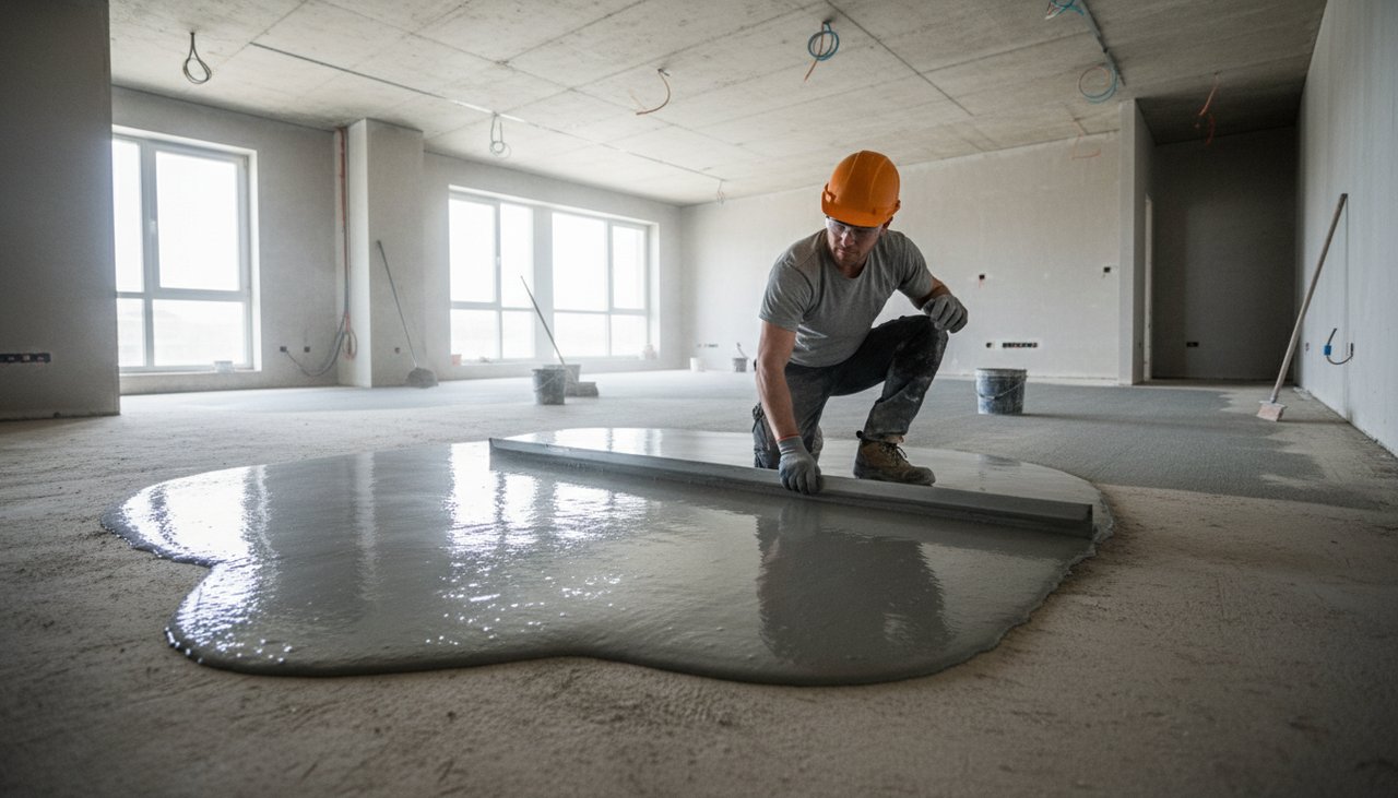 Artisan appliquant un ragréage autolissant gris sur un sol béton dans une pièce vide