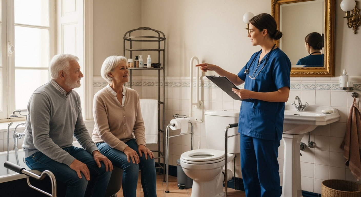 Famille senior avec ergothérapeute en évaluation MaPrimeAdapt domicile