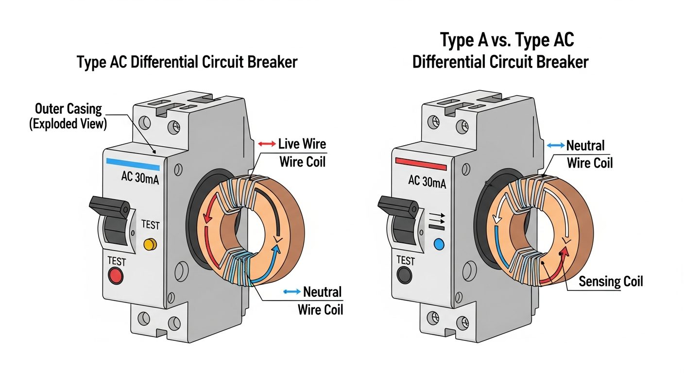 Schéma comparatif interrupteur différentiel type A vs type AC