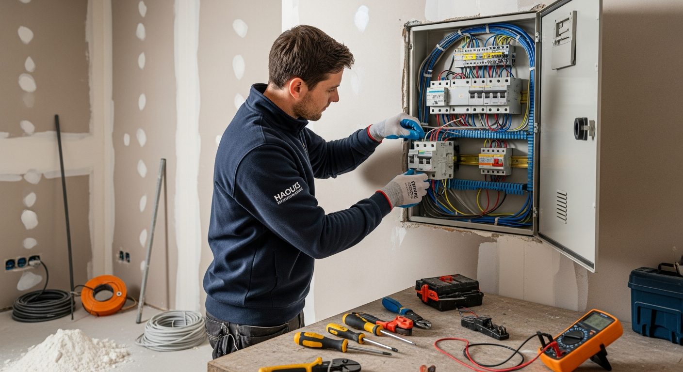 Électricien installant un interrupteur différentiel sur un tableau électrique conforme NF C 15-100