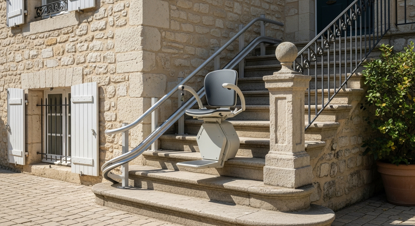 monte-escalier extérieur droit installé sur un perron avec rampe en métal