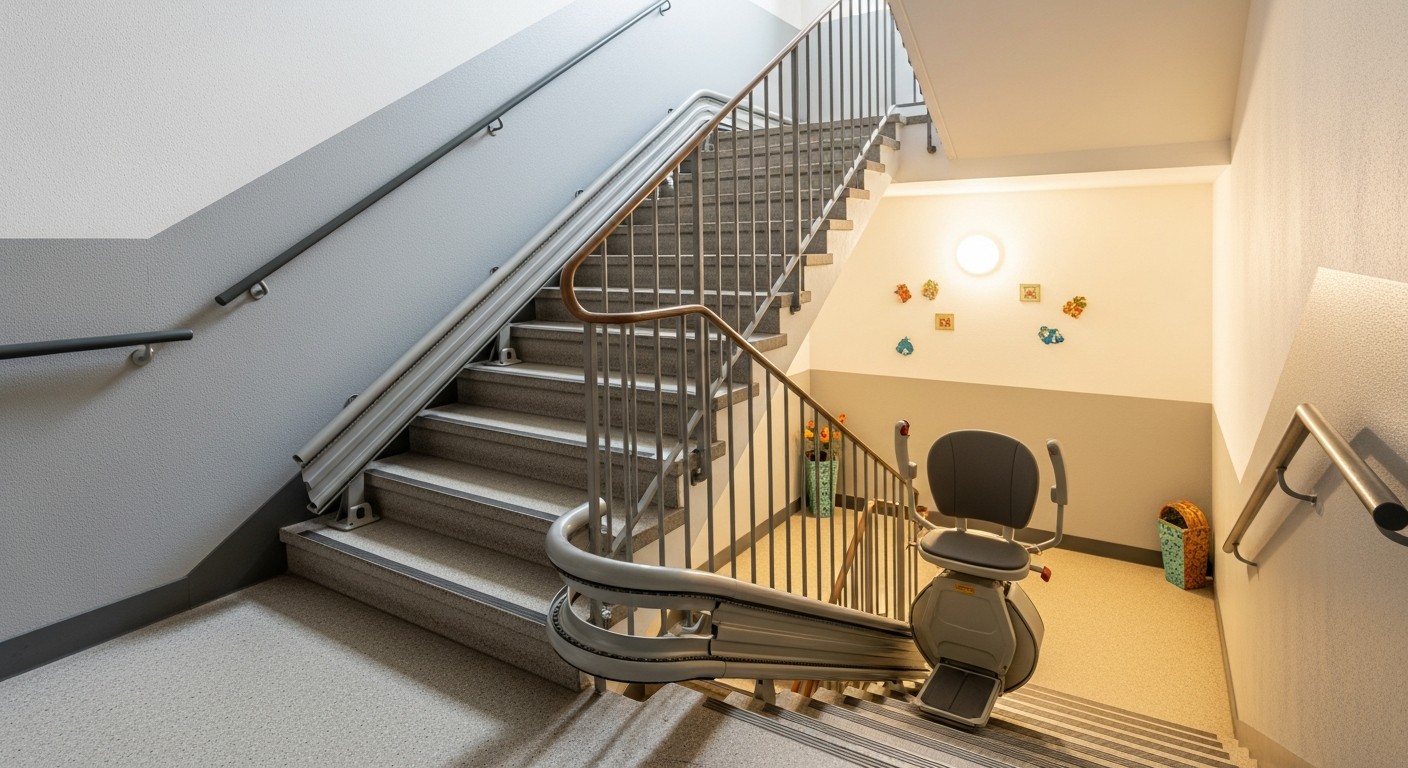 Monte-escalier PMR installé dans un logement social avec rail droit
