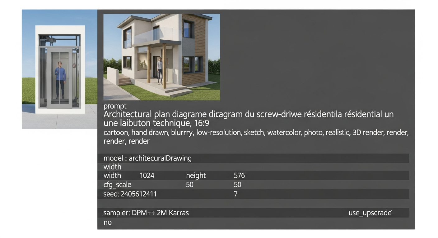 Plan technique d'installation d'un ascenseur résidentiel à vis dans une maison à étage