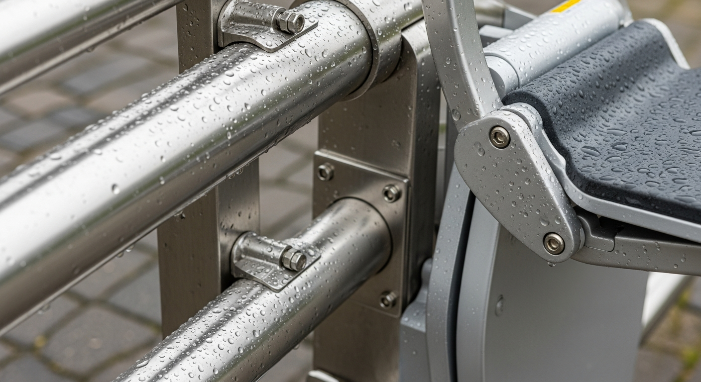 détail technique d'un rail extérieur en inox avec siège pliable