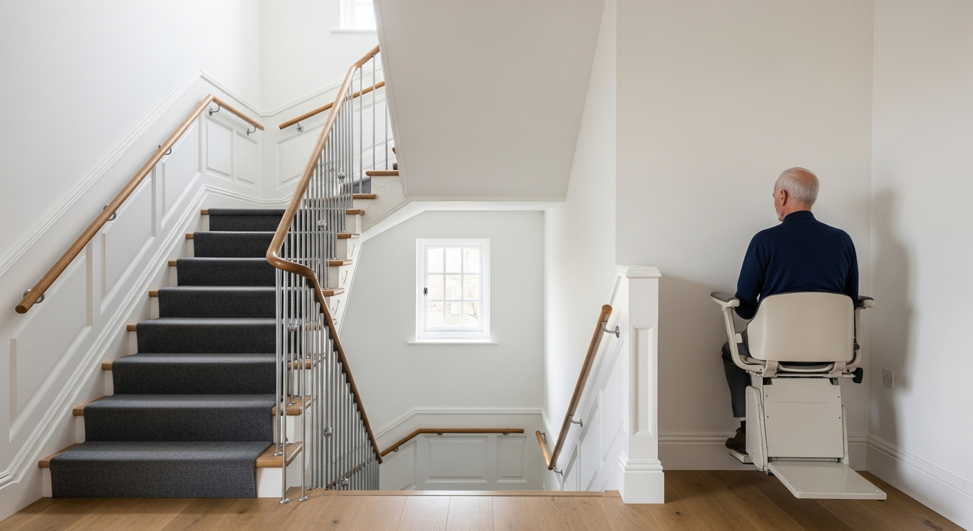 Senior utilisant un monte-escalier dans une cage d'escalier d'immeuble HLM