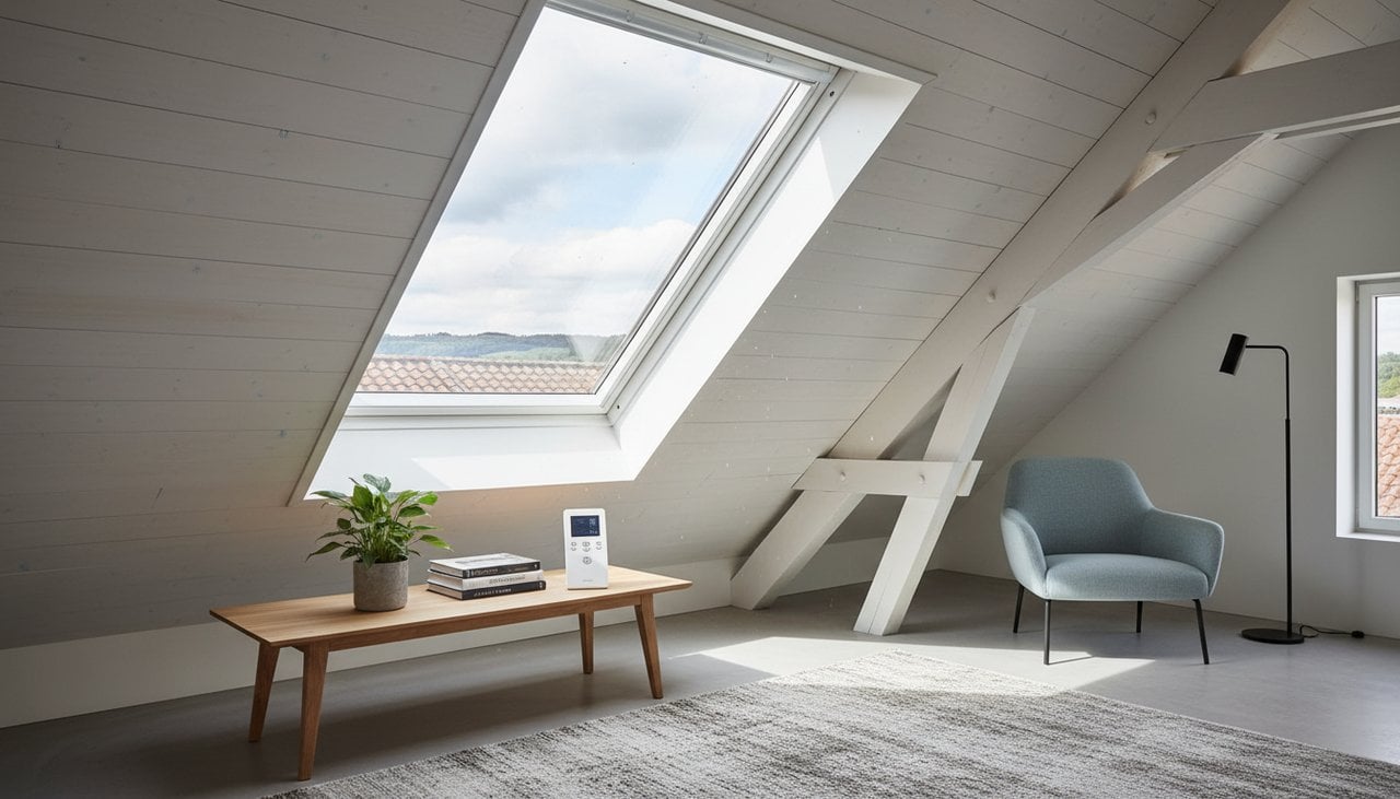 Velux électrique motorisé installé dans une toiture en tuiles avec télécommande